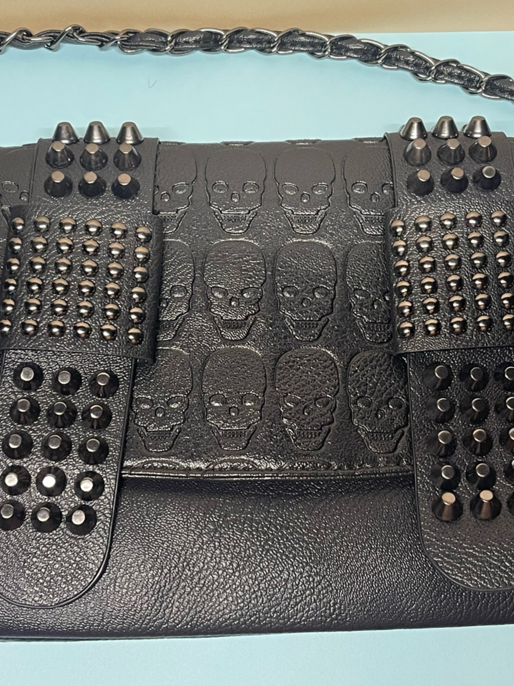 Hot Topic Black Studded Embossed Skull Crossbody Bag with Chain